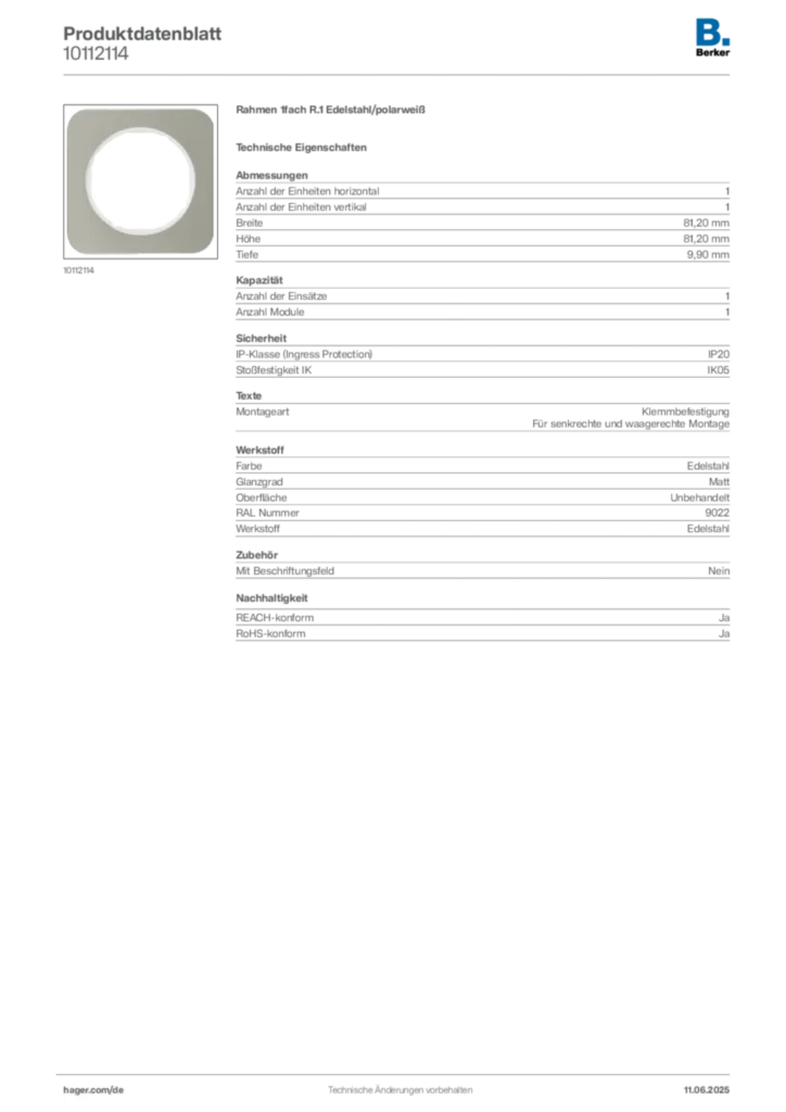 Bild Berker Produktdatenblatt 10112114 | Hager Deutschland