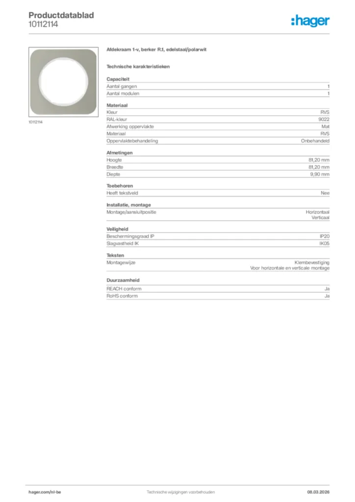Afbeelding Hager Productdatablad 10112114 | Hager Belgium