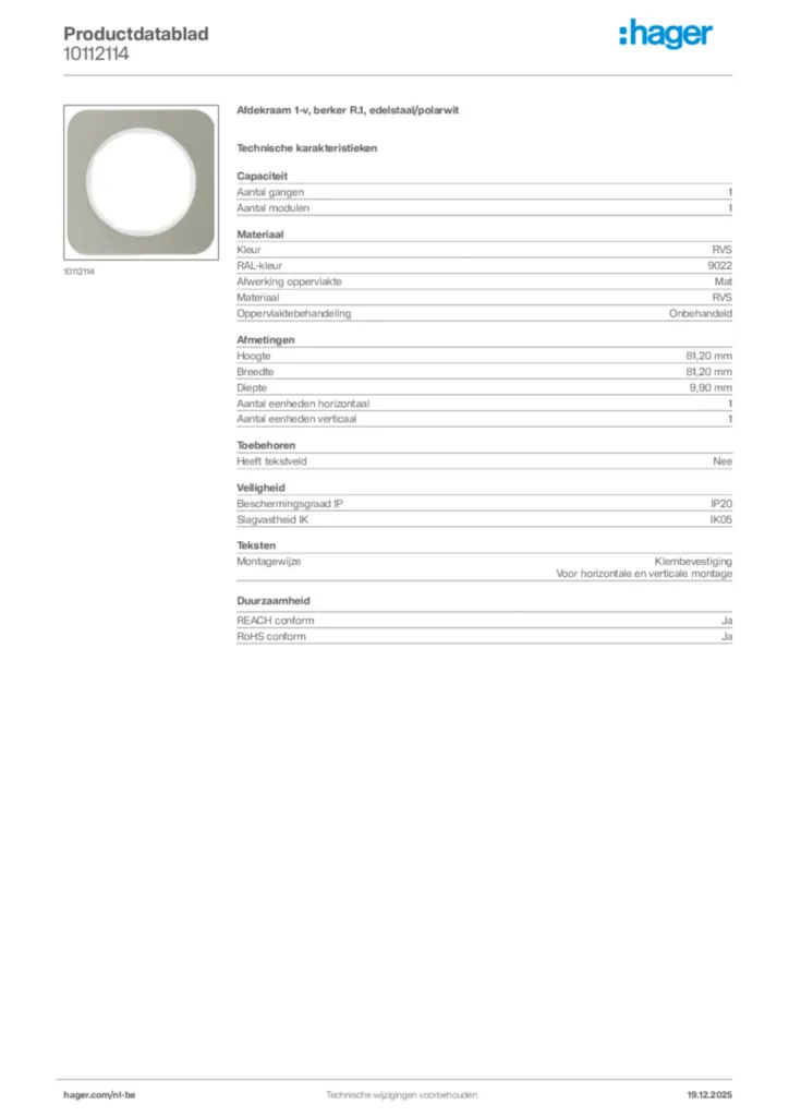 Afbeelding Hager Productdatablad 10112114 | Hager Belgium