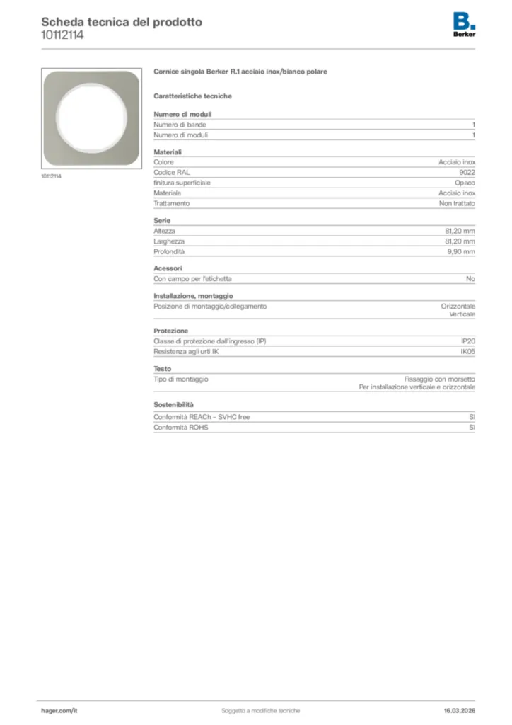Immagine Berker Scheda tecnica del prodotto 10112114 | Hager Italia