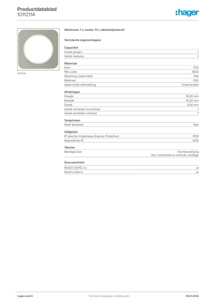 Afbeelding Hager Productdatablad 10112114 | Hager Nederland