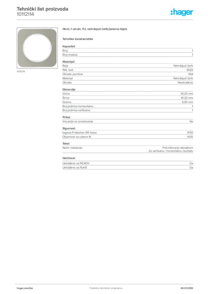 Slika Hager Product data sheet 10112114  | Hager