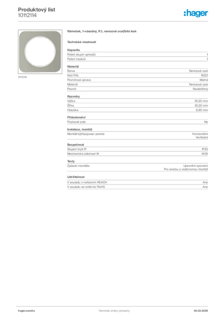 Obrázek Hager Product data sheet 10112114 | Hager