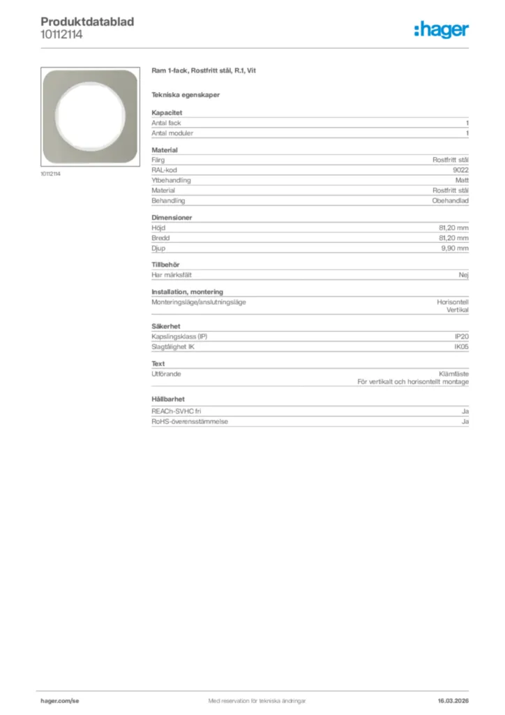 Bild Hager Produktdatablad 10112114 | Hager Sverige