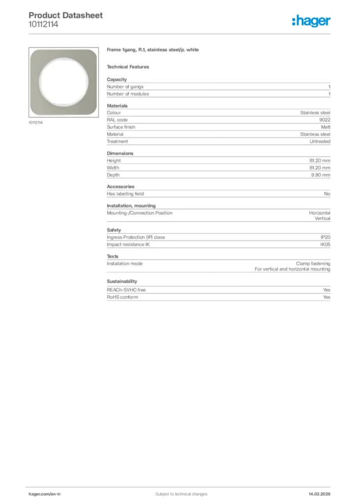 Image Hager Product data sheet 10112114  | Hager