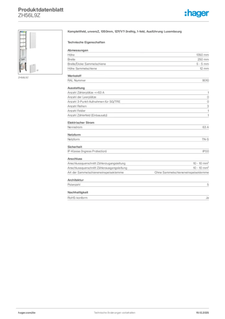 Bild Hager Produktdatenblatt ZH56L9Z | Hager Deutschland