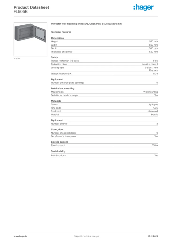 Image Hager Product data sheet FL505B  | Hager