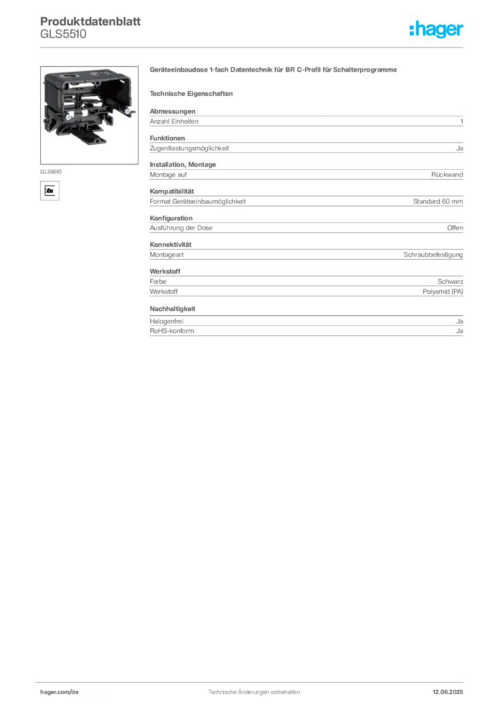 Bild Hager Produktdatenblatt GLS5510 | Hager Deutschland