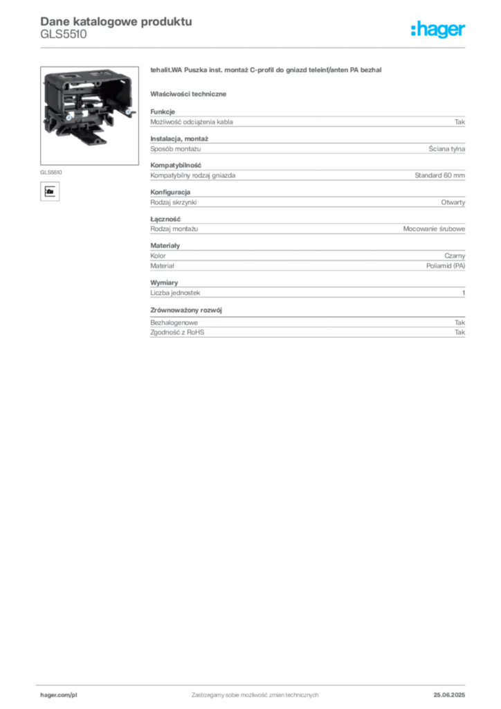 Zdjęcie Hager Karta katalogowa GLS5510 | Hager Polska