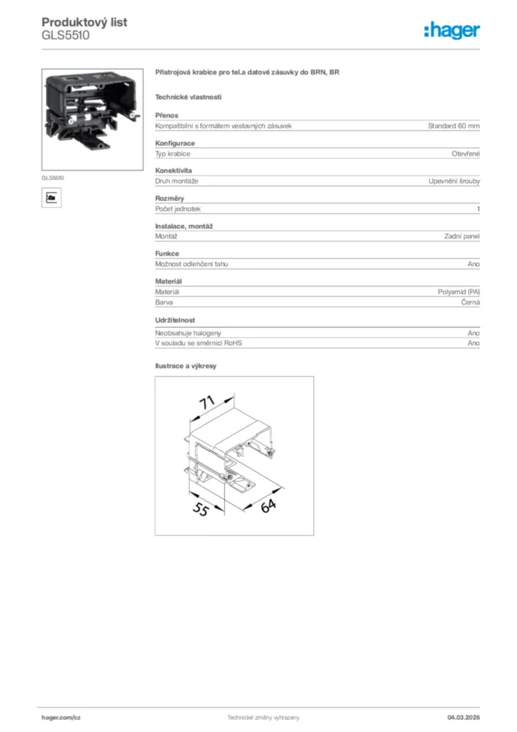 Obrázek Hager Product data sheet GLS5510 | Hager