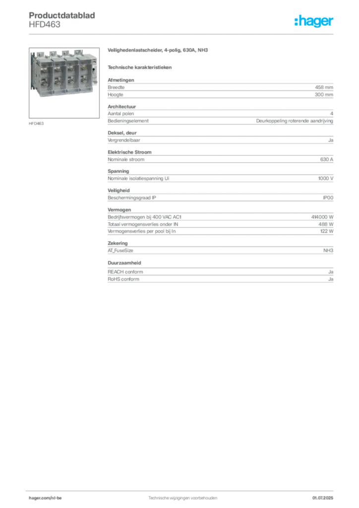 Afbeelding Hager Productdatablad HFD463 | Hager Belgium