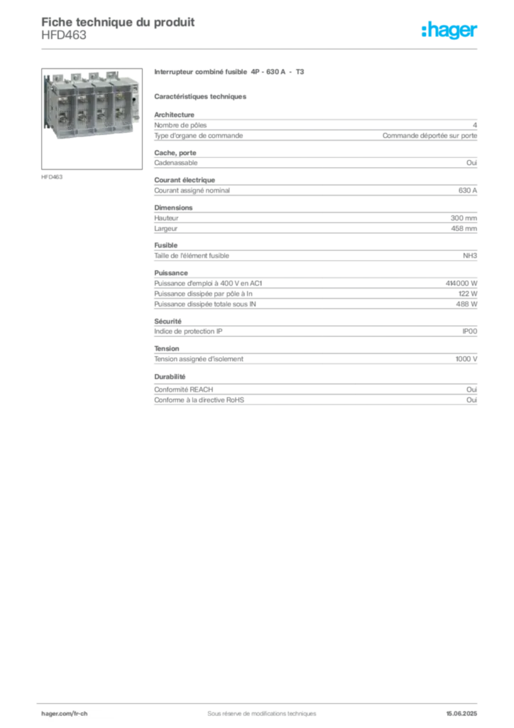 Image Hager Fiche technique du produit HFD463 | Hager Suisse
