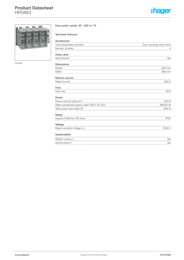 Image Hager Product data sheet HFD463  | Hager