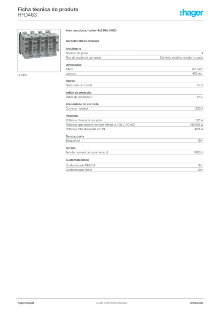 Imagem Hager Ficha técnica do produto HFD463 | Hager Portugal