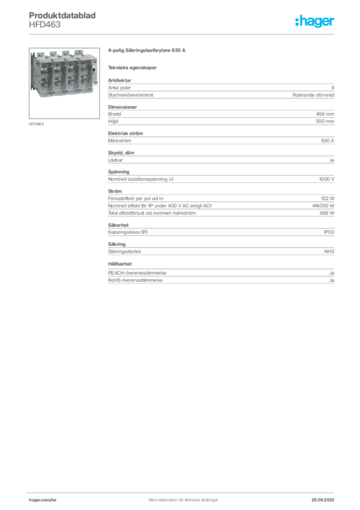 Bild Hager Produktdatablad HFD463 | Hager Sverige