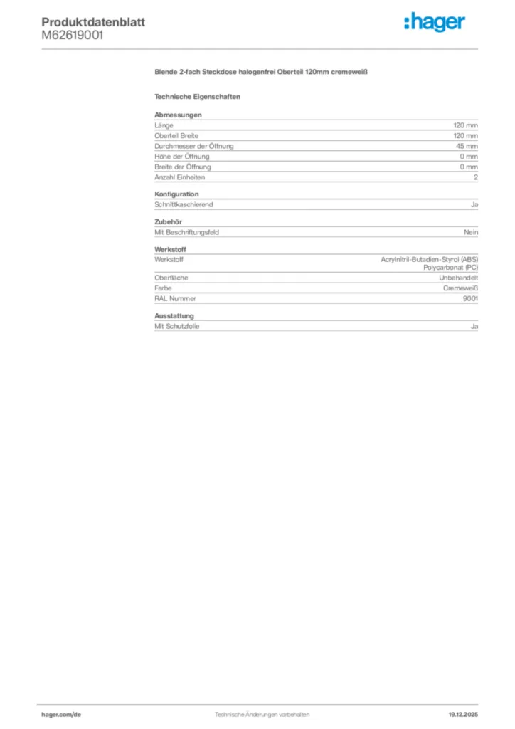 Bild Hager Produktdatenblatt M62619001 | Hager Deutschland