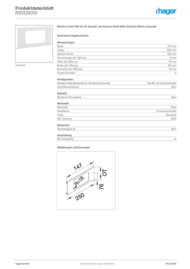 Bild Hager Produktdatenblatt R93129010 | Hager Deutschland
