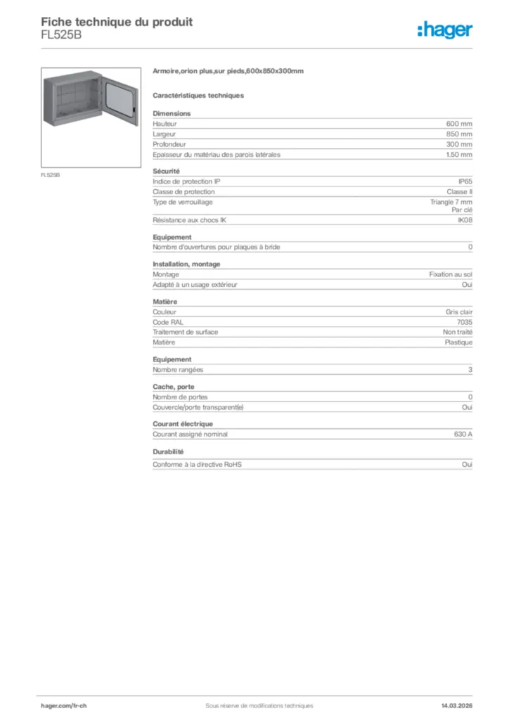 Image Hager Fiche technique du produit FL525B | Hager Suisse
