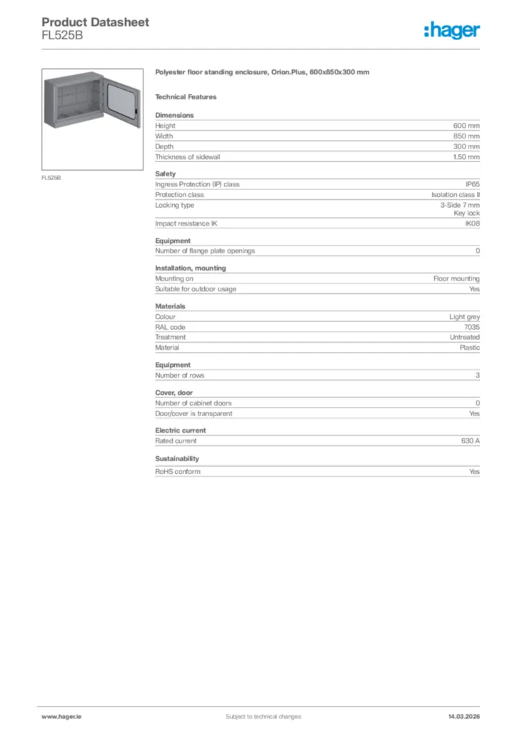Image Hager Product data sheet FL525B  | Hager