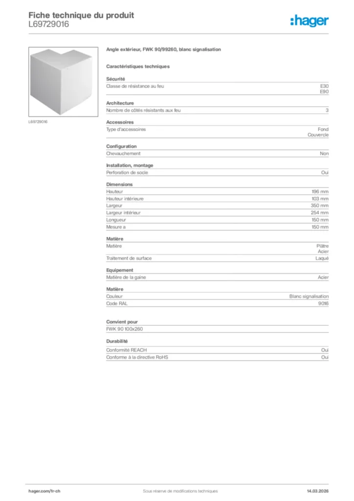 Image Hager Fiche technique du produit L69729016 | Hager Suisse