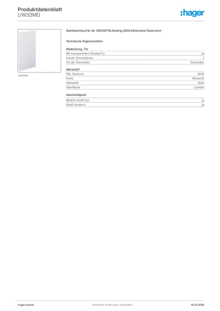Bild Hager Produktdatenblatt UW33MD | Hager Deutschland