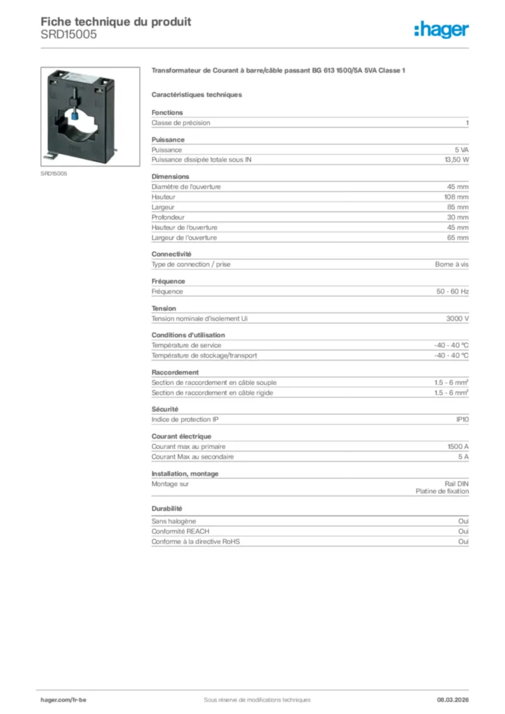 Image Hager Fiche technique du produit SRD15005 | Hager Belgique