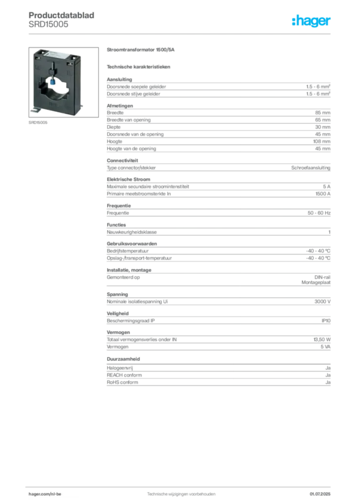 Afbeelding Hager Productdatablad SRD15005 | Hager Belgium