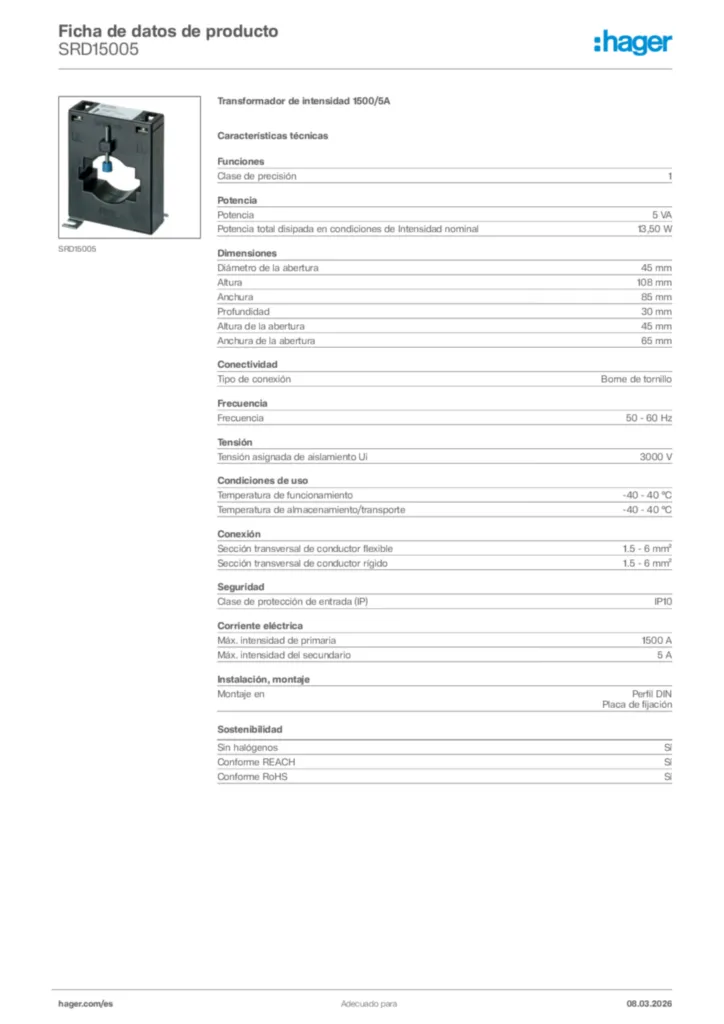 Imagen Hager Ficha de datos de producto SRD15005 | Hager España