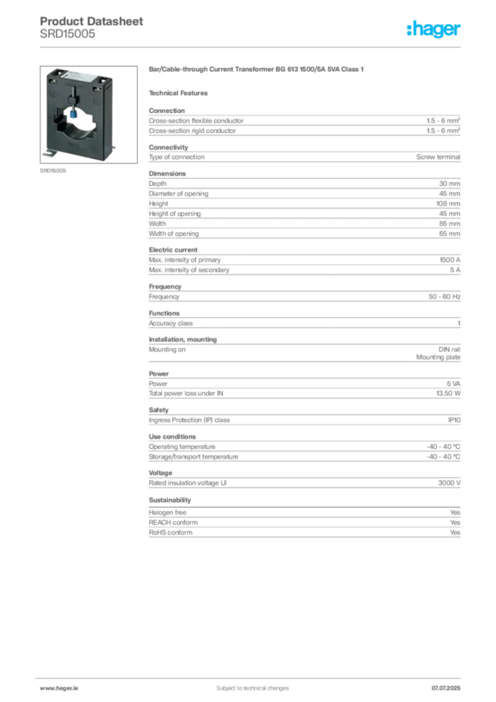 Image Hager Product data sheet SRD15005  | Hager