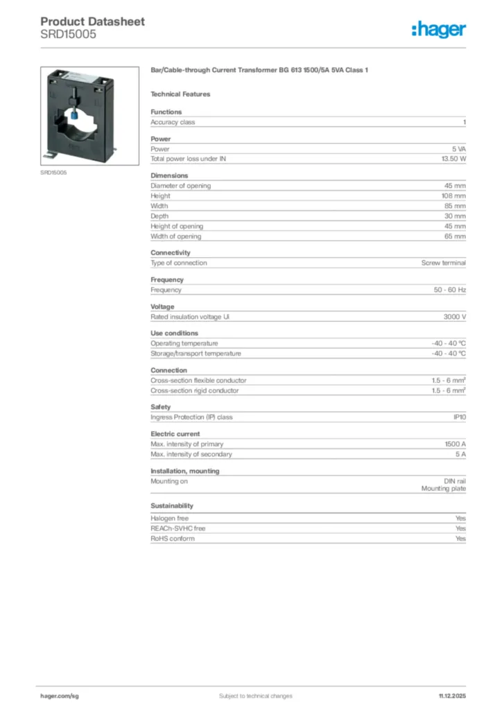 Image Hager Product data sheet SRD15005  | Hager