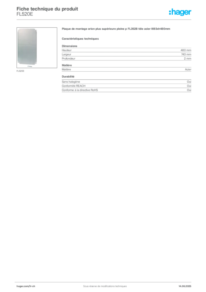 Image Hager Fiche technique du produit FL520E | Hager Suisse
