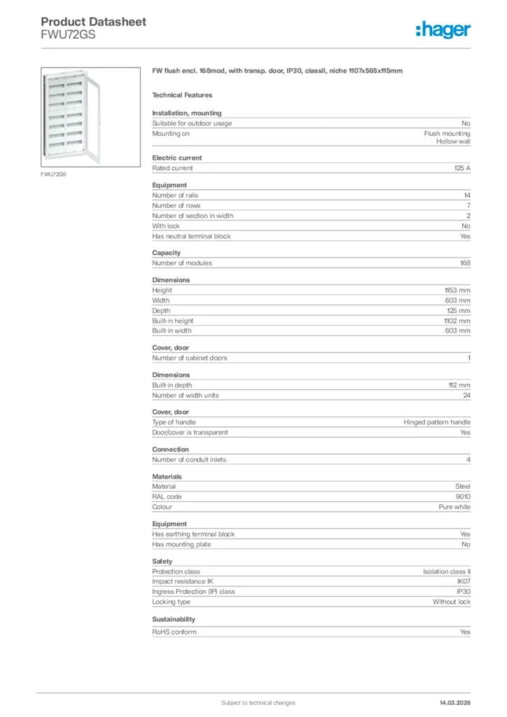 Image Hager Product data sheet FWU72GS  | Hager Africa
