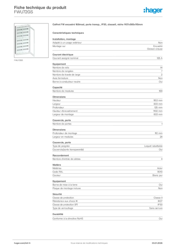 Image Hager Fiche technique du produit FWU72GS | Hager Afrique