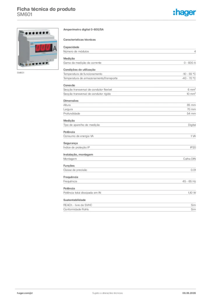 Imagem Hager Ficha técnica do produto SM601 | Hager Portugal