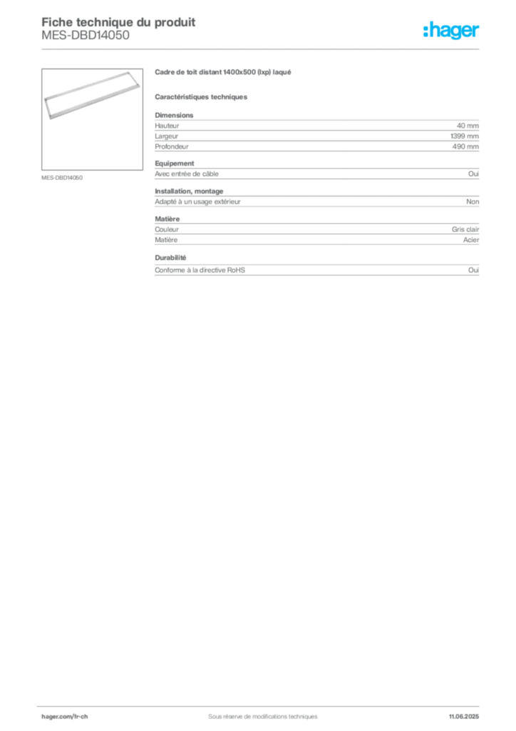 Image Hager Fiche technique du produit MES-DBD14050 | Hager Suisse