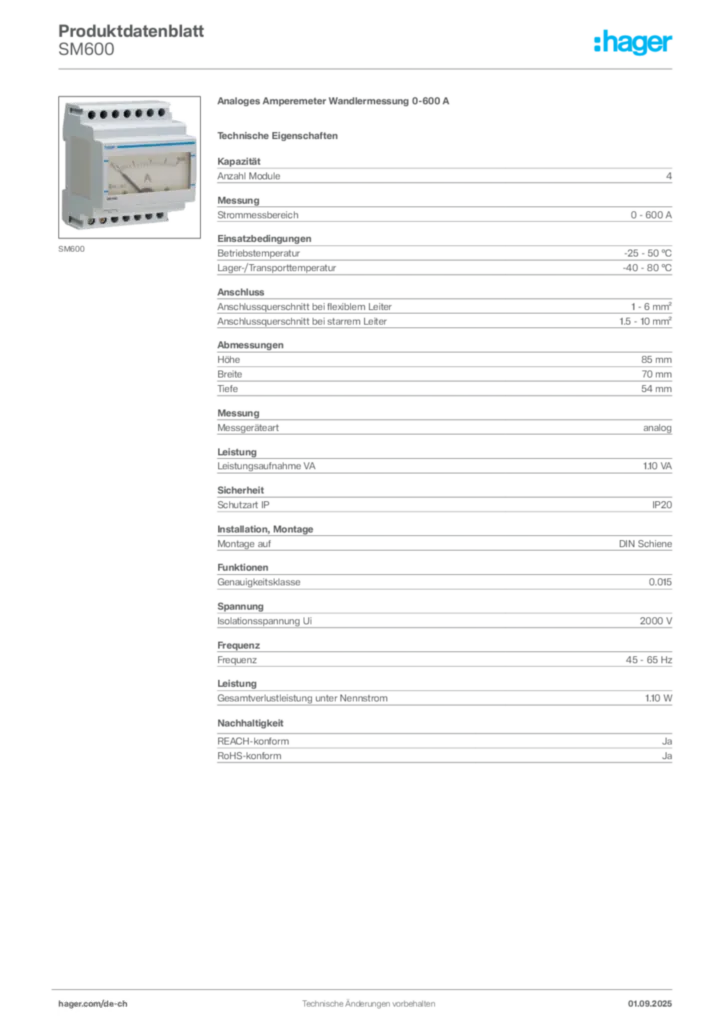 Bild Hager Produktdatenblatt SM600 | Hager Schweiz