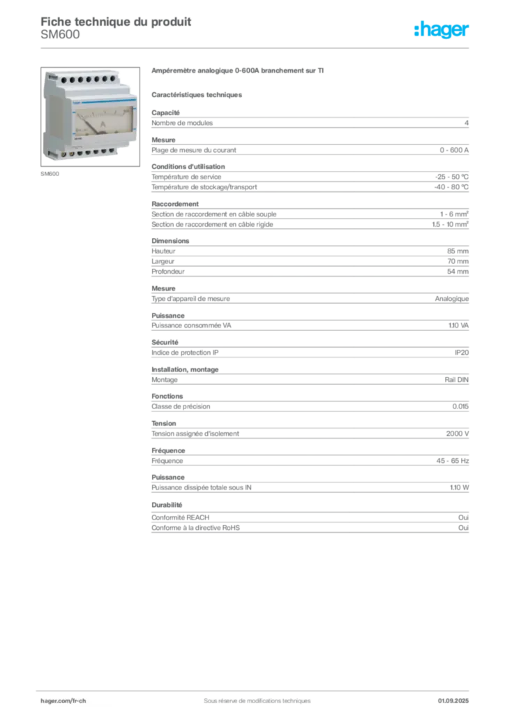 Image Hager Fiche technique du produit SM600 | Hager Suisse
