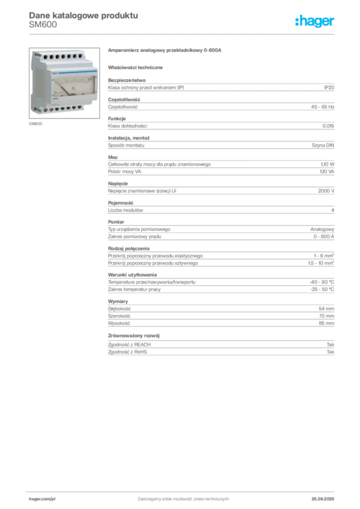 Zdjęcie Hager Karta katalogowa SM600 | Hager Polska