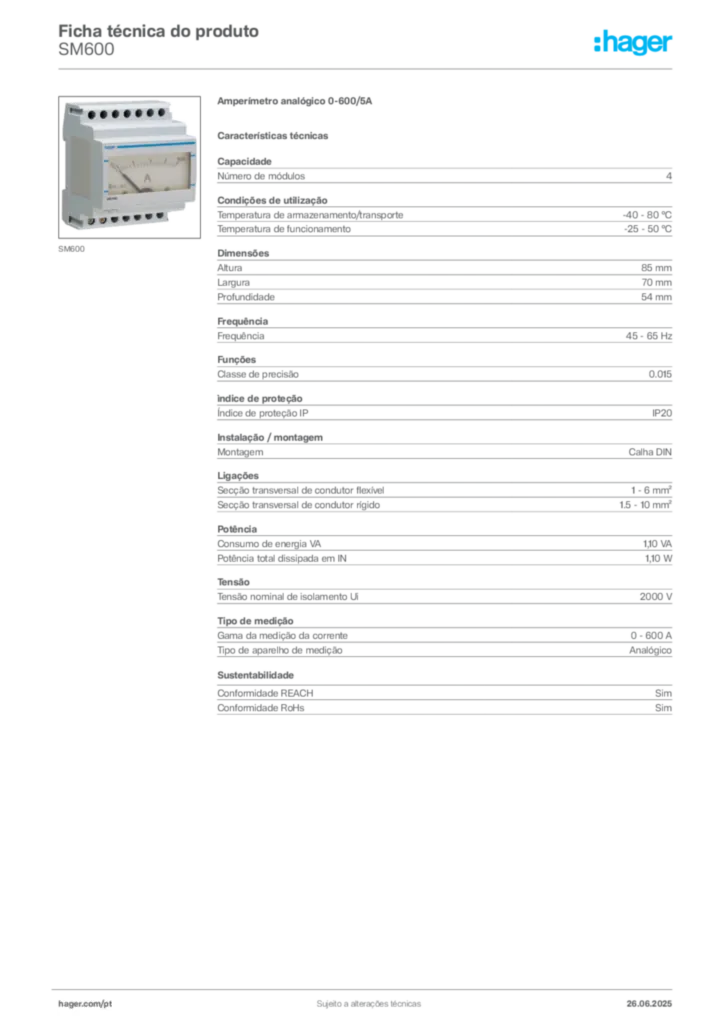 Imagem Hager Ficha técnica do produto SM600 | Hager Portugal