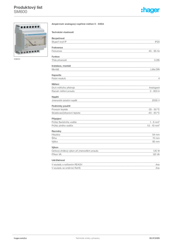 Obrázek Hager Produktový list SM600 | Hager