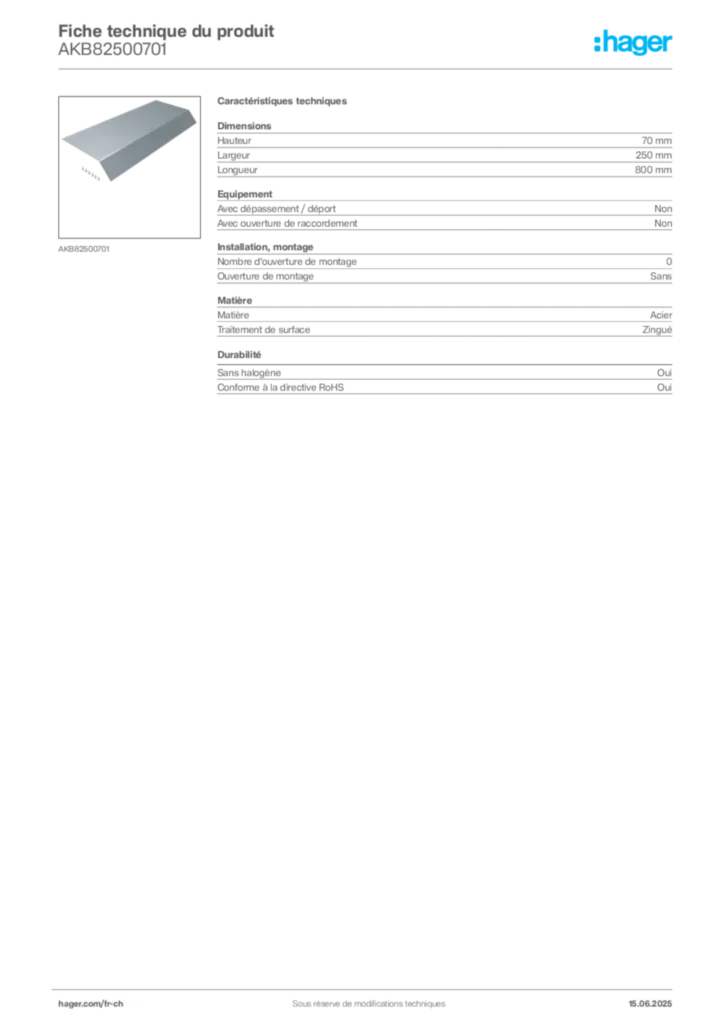 Image Hager Fiche technique du produit AKB82500701 | Hager Suisse