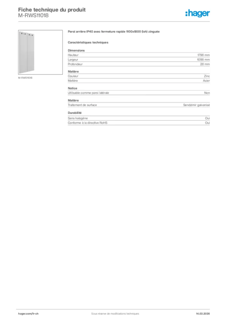 Image Hager Fiche technique du produit M-RWS11018 | Hager Suisse