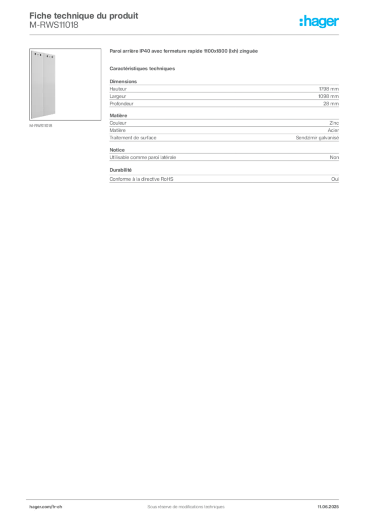 Image Hager Fiche technique du produit M-RWS11018 | Hager Suisse