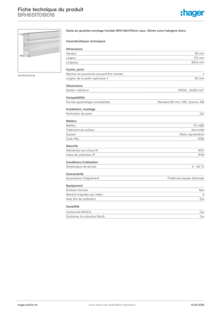 Image Hager Fiche technique du produit BRH6517019016 | Hager Suisse