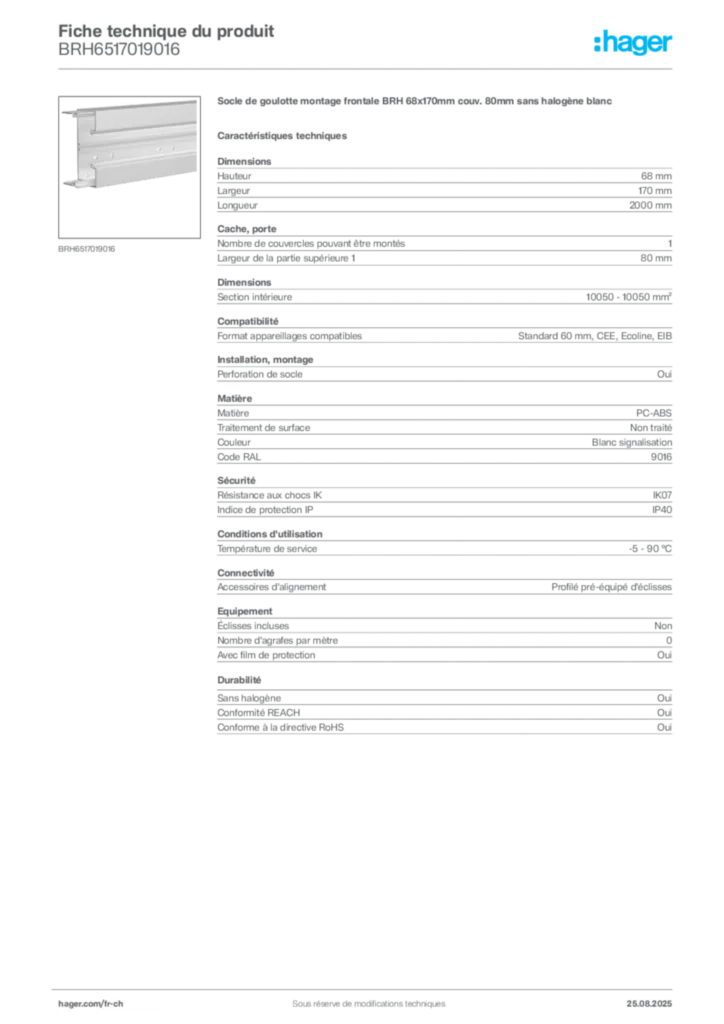 Image Hager Fiche technique du produit BRH6517019016 | Hager Suisse