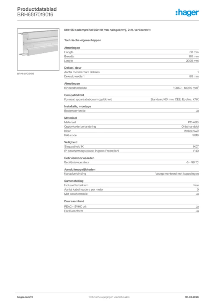 Afbeelding Hager Productdatablad BRH6517019016 | Hager Nederland
