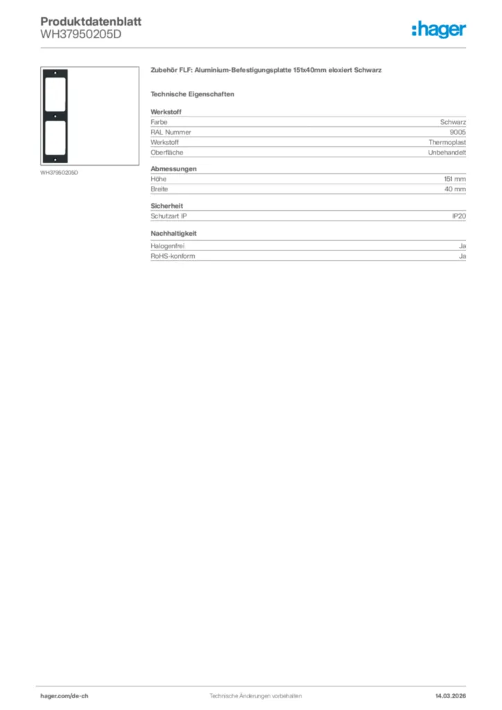 Bild Hager Produktdatenblatt WH37950205D | Hager Schweiz