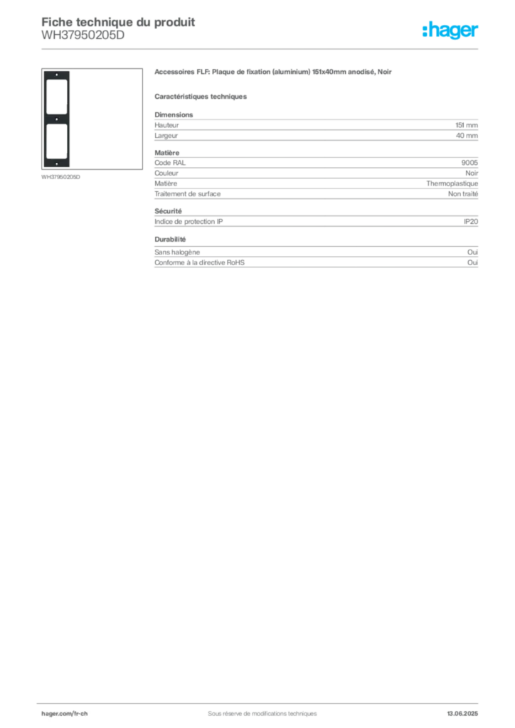 Image Hager Fiche technique du produit WH37950205D | Hager Suisse