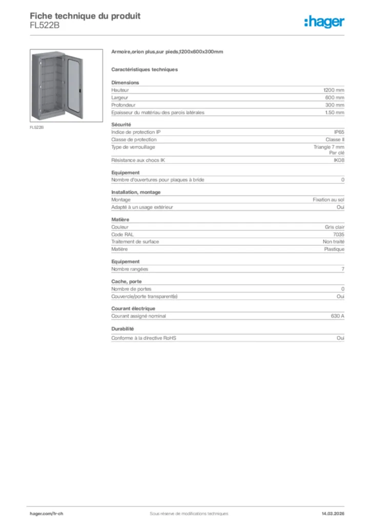 Image Hager Fiche technique du produit FL522B | Hager Suisse