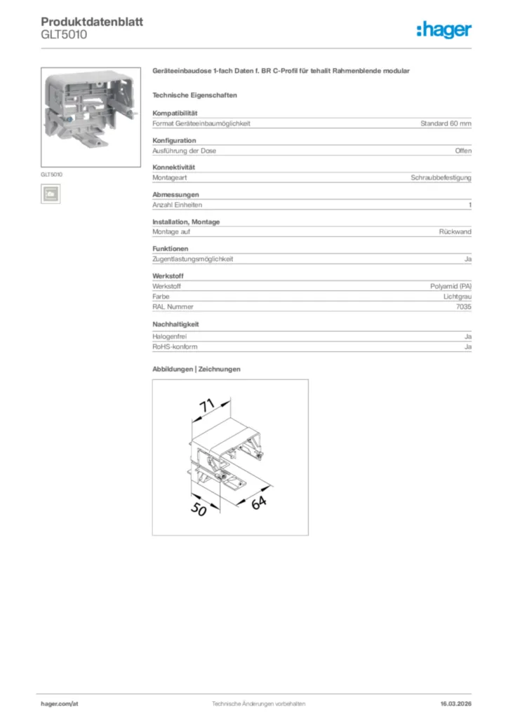 Bild Hager Produktdatenblatt GLT5010 | Hager Deutschland